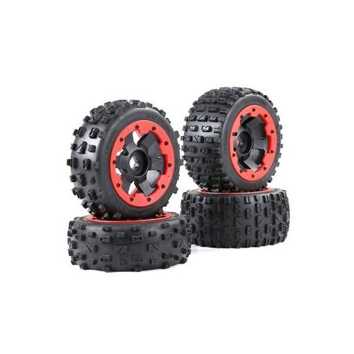 Rovan /Rofun Bow Tie Tyres & Wheels Set Knobby Off Road F/R Red
